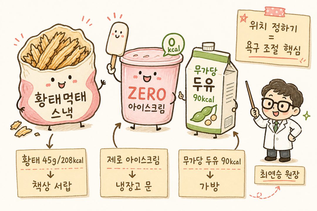 Three types of side snacks (dried pollack snacks, zero-calorie ice cream, unsweetened soy milk) drawn largely with arrows and labels indicating calories, nutritional information, and storage locations (desk drawer/fridge door/bag).