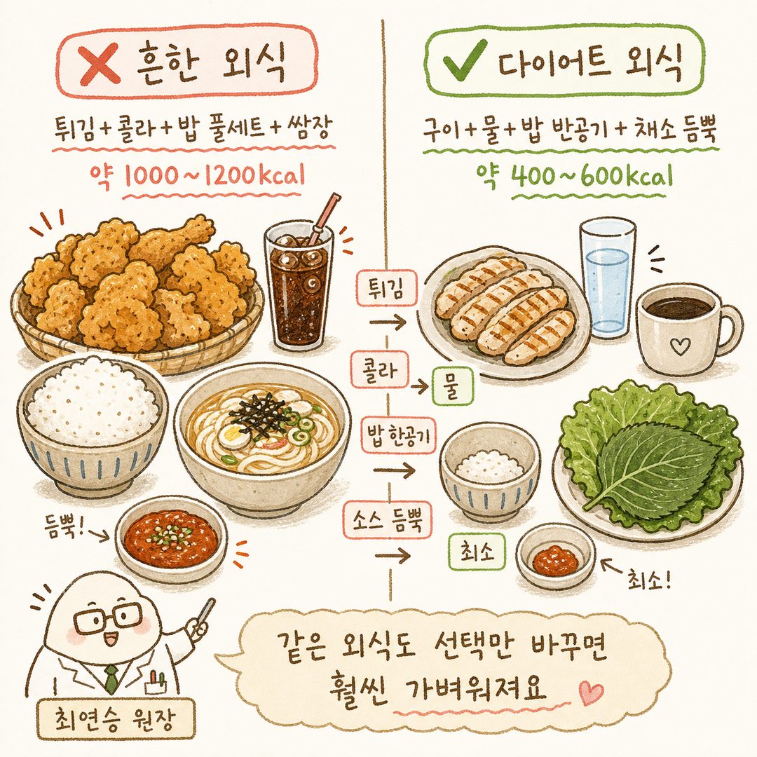 Before/After 대비: 좌측은 '❌ 흔한 외식'(튀긴 치킨, 콜라, 밥 한공기, 쌈장 듬뿍, 떡국수 포함된 과다 섭취 이미지), 우측은 '✅ 다이어트 외식'(구이 치킨, 물
