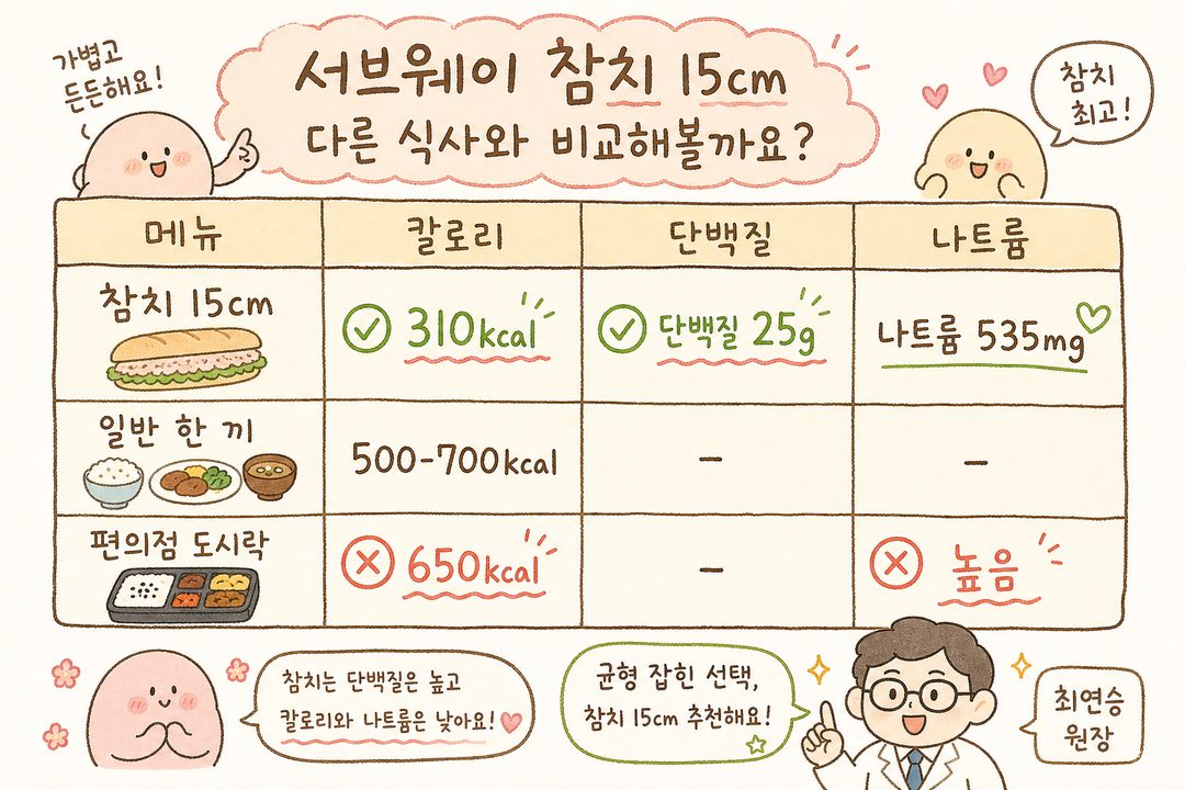 比較 Subway 鮪魚 15cm 與其他用餐選項（一般正餐、超商便當）的熱量、蛋白質、鈉含量表。能一目了然比較鮪魚營養價值的構成