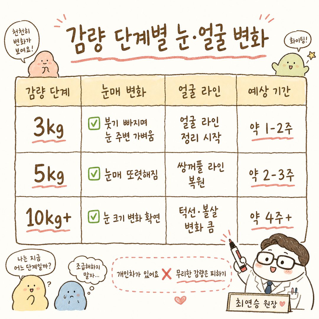 ダイエット減量段階別(3kg、5kg、10kg+)の目と顔の変化をまとめた比較表。各段階ごとに目元の変化・二重ライン・フェイスラインの整い具合・予想期間をまとめた表