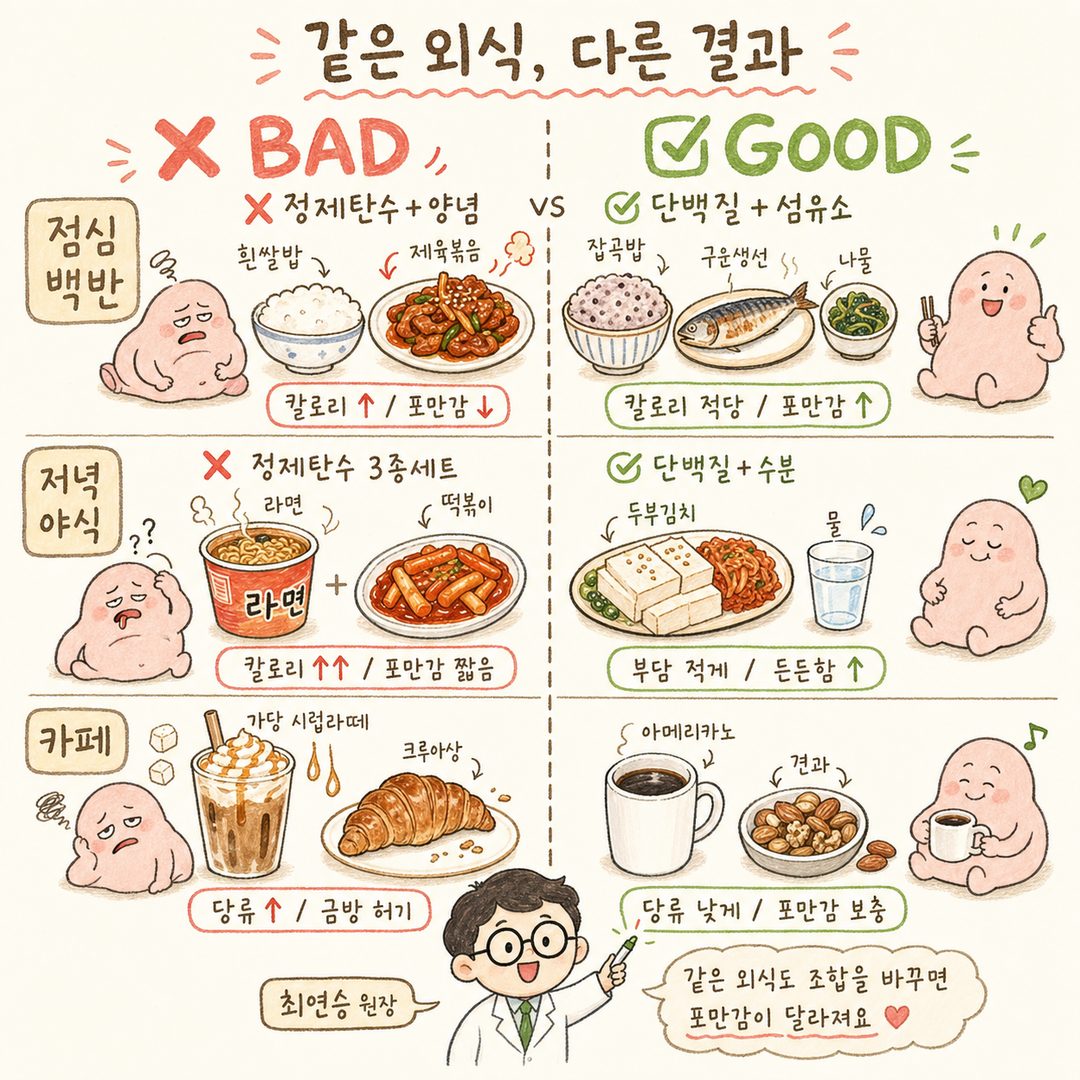 3種外食情境 ❌ vs ✅ 左右對比 — (1)午餐定食:白飯+炒豬肉 vs 雜穀飯+烤魚+涼拌菜,(2)深夜宵夜:泡麵+辣炒年糕 vs 豆腐泡菜,(3)咖啡廳:加糖糖漿拿鐵+可頌 vs 黑咖啡+堅果