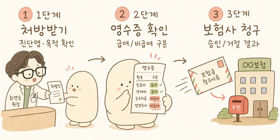 ✅ 실비 청구 가능한 경우와 ✗ 청구 불가 경우를 좌우로 분명하게 나눈 체크리스트. 좌측은 동반질환(당뇨, 고혈압) + 급여 처방, 우측은 E66 단독 진단 + 비급여 처방. 각 