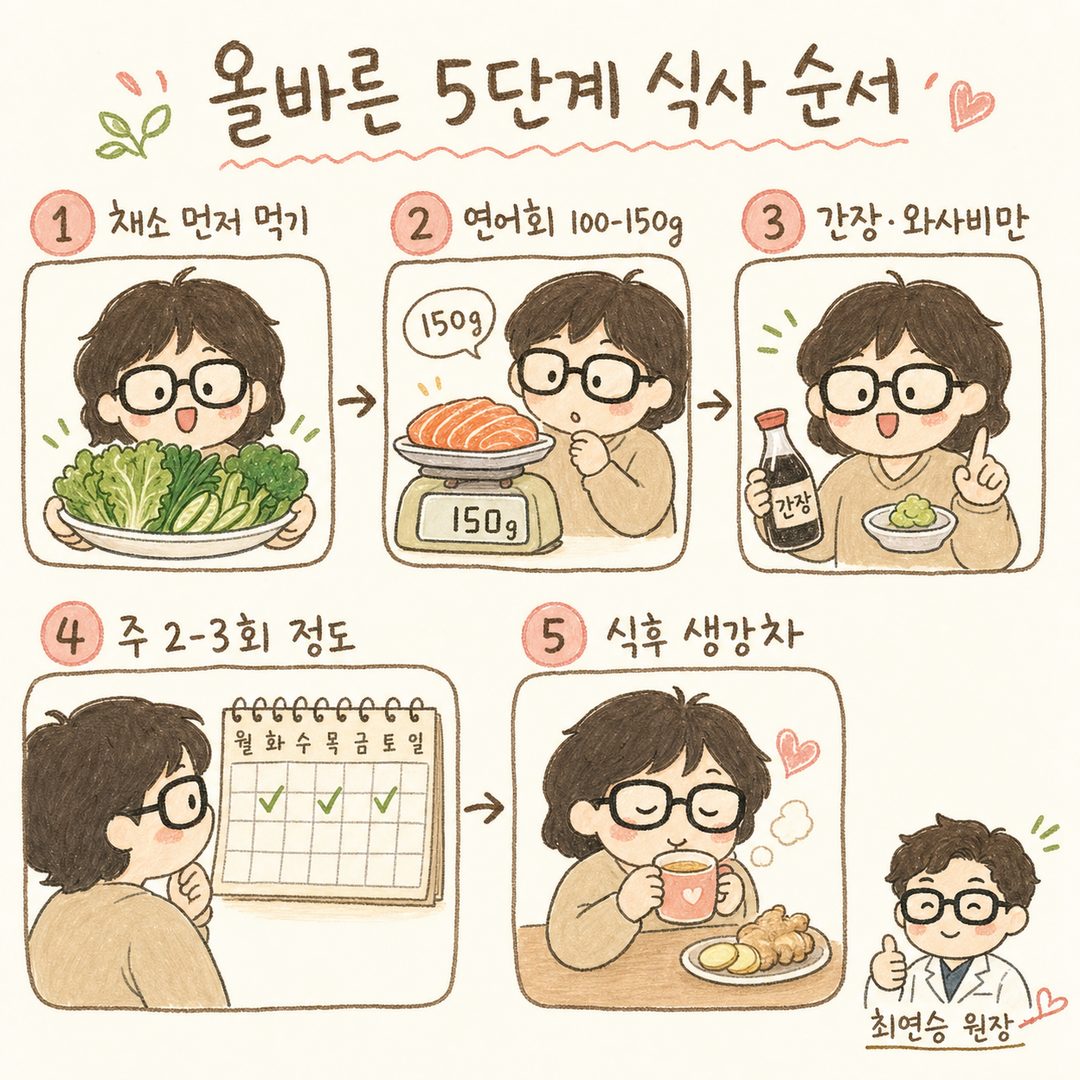 A 5-step sequence of a cute character eating. Step 1: Holding a plate of vegetables with a bright expression; Step 2: Checking 150g of salmon on a scale; Step 3: A hand gesture lightly lifting a soy sauce bottle.