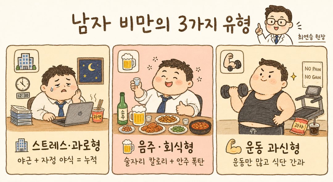 3개의 분리된 박스로 남자 비만의 3가지 유형을 그리드 형식으로 분류. 좌측: 야근하는 피곤한 사무직 직장인 아이콘 + 밤하늘, 중앙: 술잔과 회식 테이블 아이콘, 우측: 헬스장에