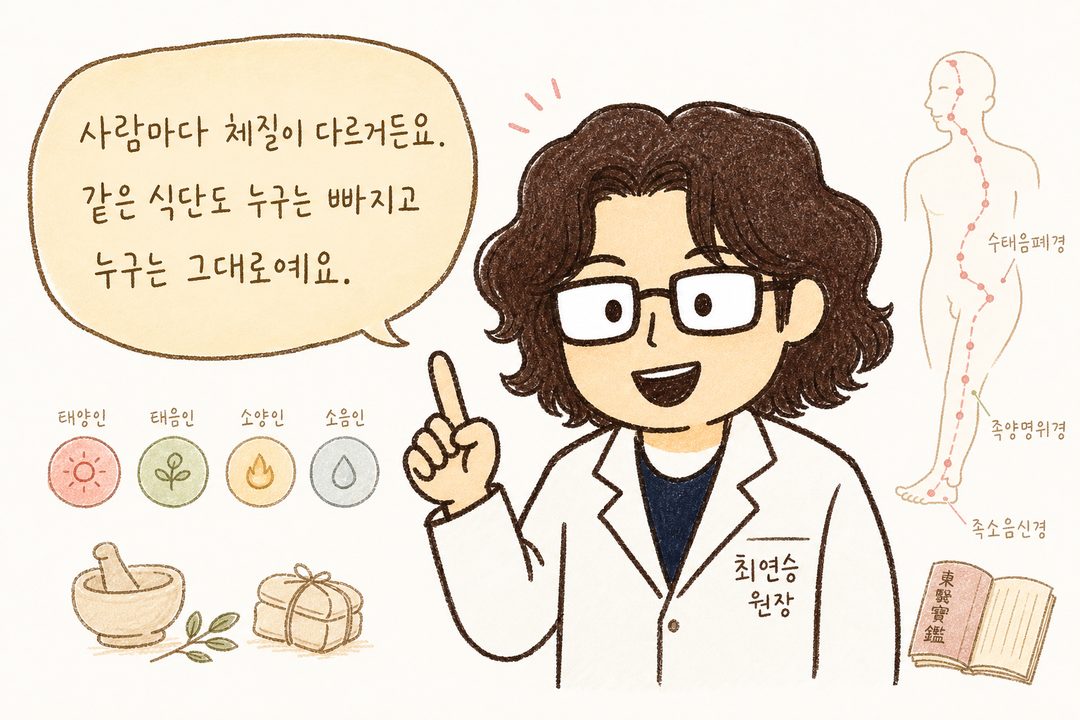 Baekrokdam Korean Medicine Clinic medical staff character gesturing in explanation. Background features subtle Korean medicine elements (constitution symbols, meridian lines). Conveys trustworthy professional atmosphere of doctor-patient consultation.