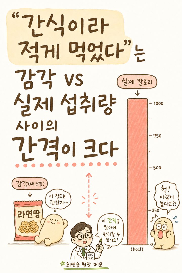 라면땅 한 봉지라는 '작은 간식' 인식과 실제 섭취 칼로리의 극명한 크기 대비를 시각화. 왼쪽에는 작은 봉지 이미지, 오른쪽에는 실제 칼로리 분량을 큰 바 그래프로 표현하여 '감각