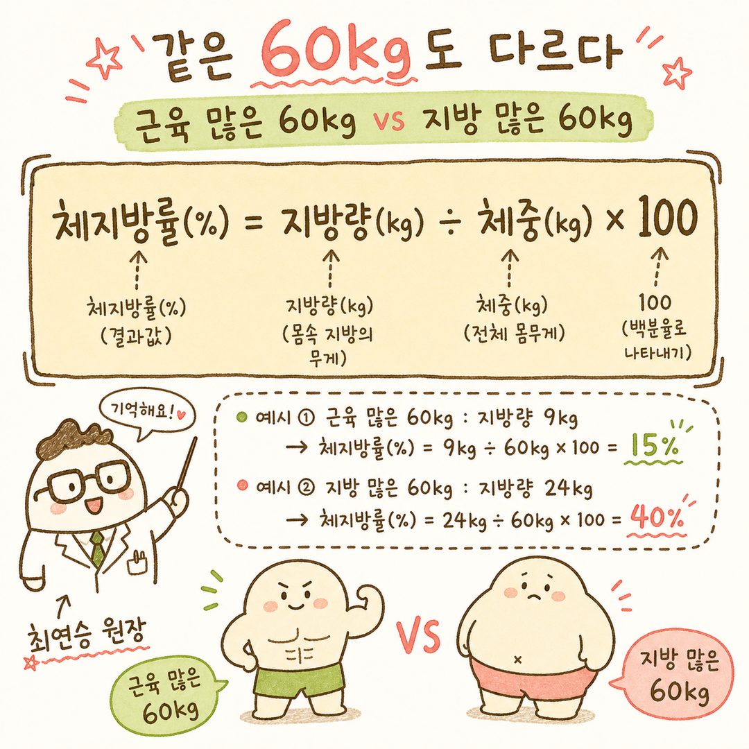 체지방률 정의와 계산 공식을 명확한 박스 형태로 표시: 체지방률(%) = 지방량 ÷ 체중 × 100 과 함께 같은 60kg도 근육 많은 사람과 지방 많은 사람이 다르다는 개념 설명
