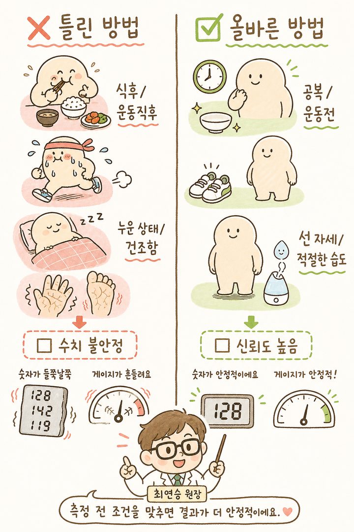 ❌틀린 측정 방법(식후, 운동직후, 누운 자세, 건조한 손발)과 ✅올바른 측정 방법(공복, 운동전, 선 자세, 적절한 습도)을 좌우로 대비하여 표현. 각각 왜 문제인지, 어떤 점이