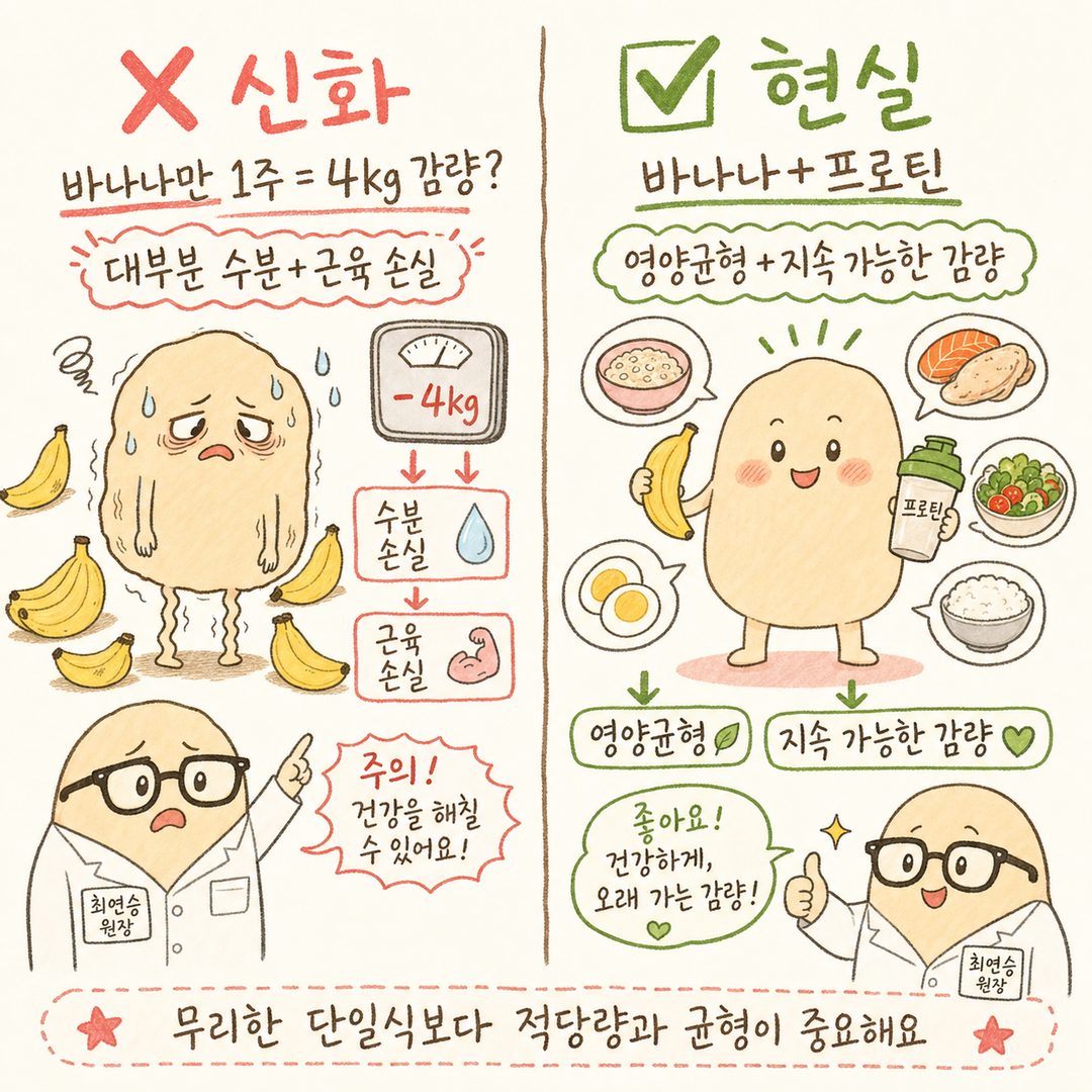 좌측에 '❌ 신화' - 바나나만 1주 섭취로 4kg 빠지지만 수분과 근육 손실 표시, 우측에 '✅ 사실' - 바나나+프로틴 적당량으로 영양균형 유지하며 건강한 감량되는 모습을 대비