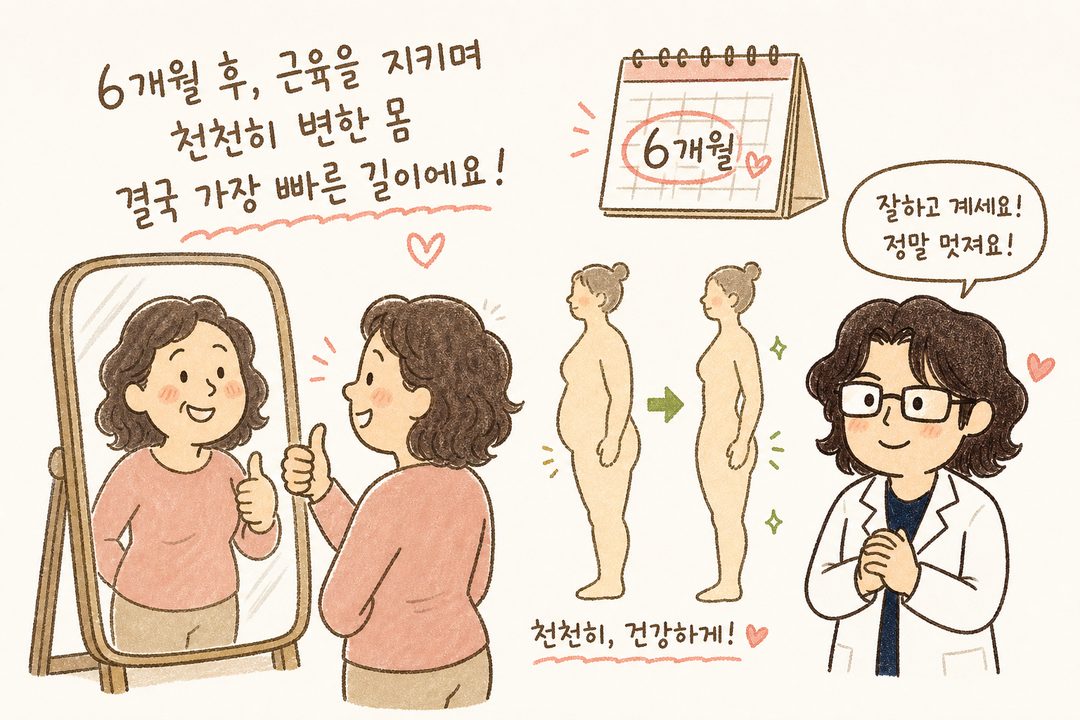 中年女性角色看著鏡子滿意地微笑並豎起大拇指。背景日曆顯示『6 個月』的時間流逝。角色旁標示身體產生積極變化的剪影對比。