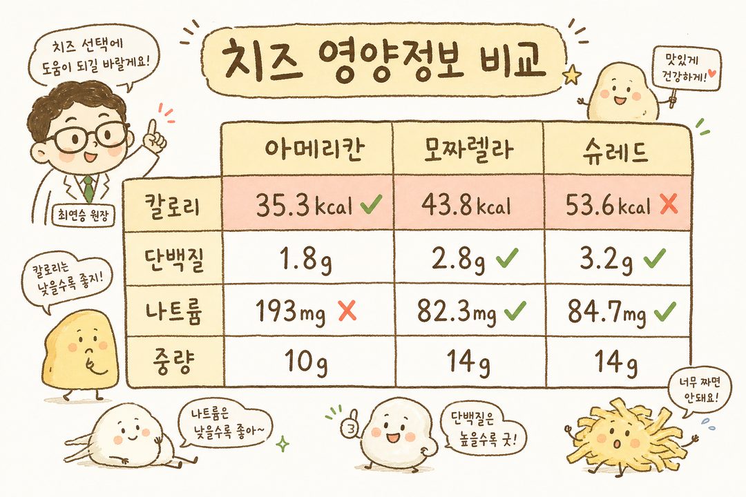 3-column (American/Mozzarella/Shredded) × 4-row (calories/protein/sodium/weight) comparison chart. Each cell clearly displays values, with calorie rows highlighted in color. Table header: 'Cheese Nutritional Information Comparison'