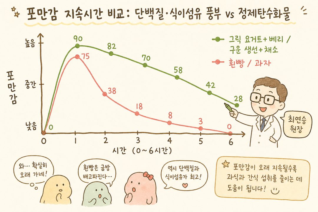 음식의 포만감 지속시간을 보여주는 꺾은선 그래프. 단백질과 식이섬유가 높은 음식(그릭 요거트+베리, 구운 생선+채소)의 포만감 곡선이 정제 탄수화물(흰빵, 과자)보다 완만하고 오래