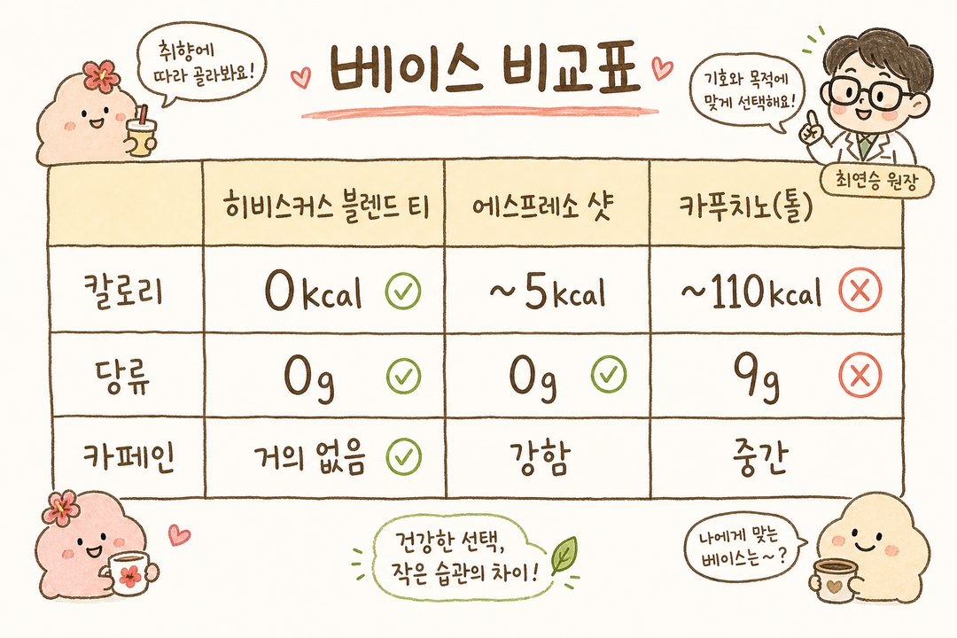 히비스커스 블렌드 티, 에스프레소, 카푸치노 3가지 베이스를 가로 3열 표로 정렬. 각 음료별 칼로리, 당류, 카페인을 행으로 표시하여 직관적 수치 비교 가능하게 구성