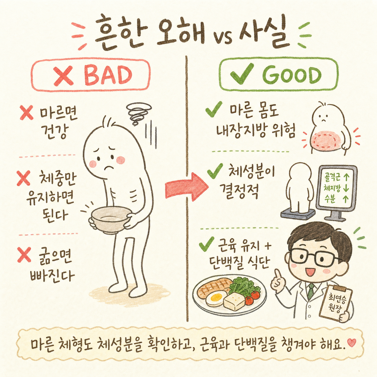 좌측(✗)과 우측(✓)으로 나뉜 Before/After. 좌측 오해: '마르면 건강' / '체중만 유지하면 된다' / '굶으면 빠진다' / 우측 사실: 마른 몸도 내장지방 위험 /