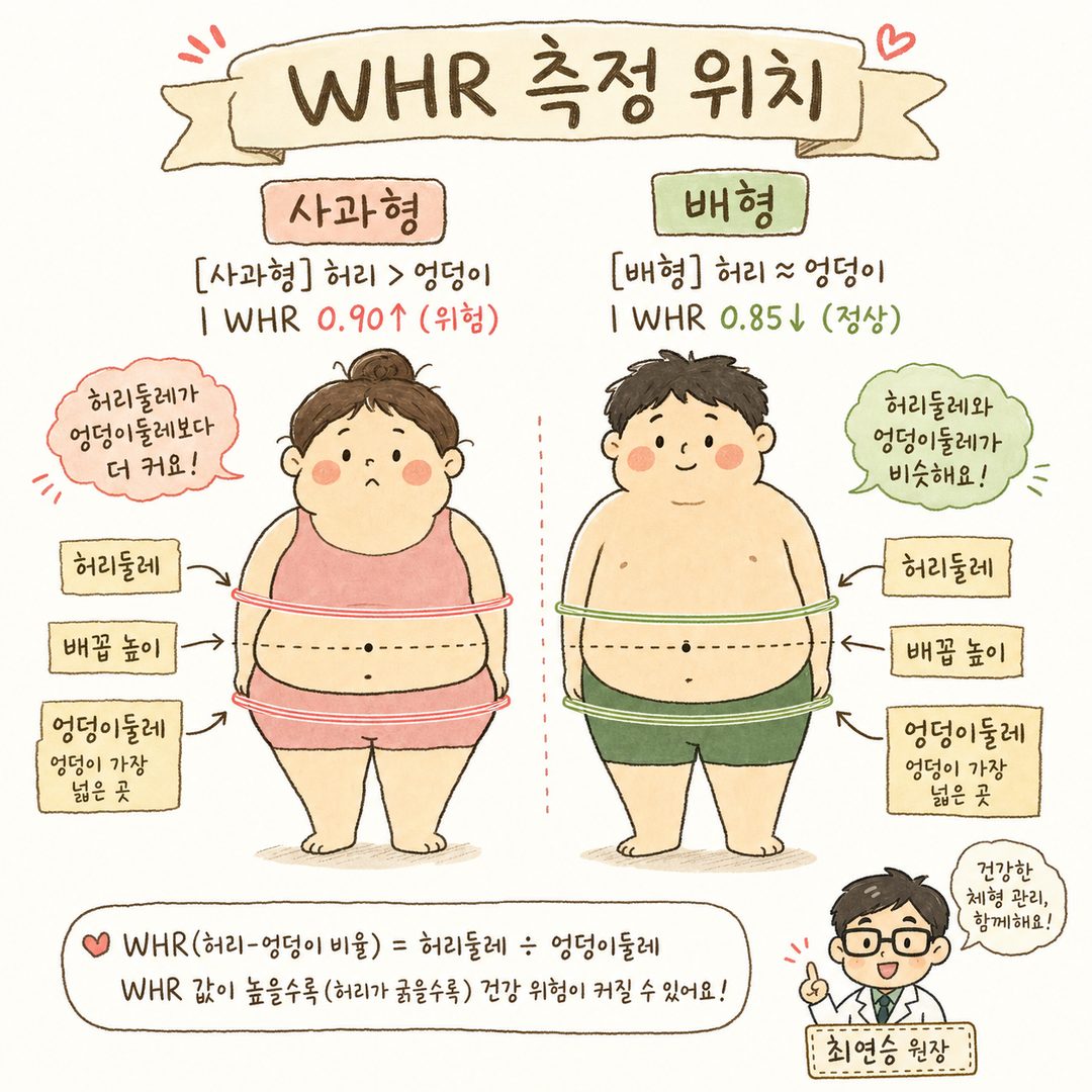 Diagram showing waist and hip circumference on a frontal view of the human body. The left shows an apple shape (high WHR, thick waist), and the right shows a pear shape (normal WHR, equivalent hips).