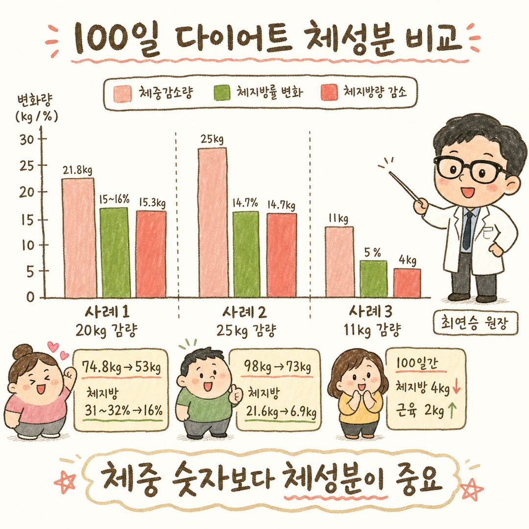 100일 다이어트 사례 3개를 막대 그래프로 비교. 3개 막대씩(체중감소량, 체지방률 변화, 체지방량 감소)을 나란히 표시. 왼쪽부터 '사례1(20kg감량)', '사례2(25kg감