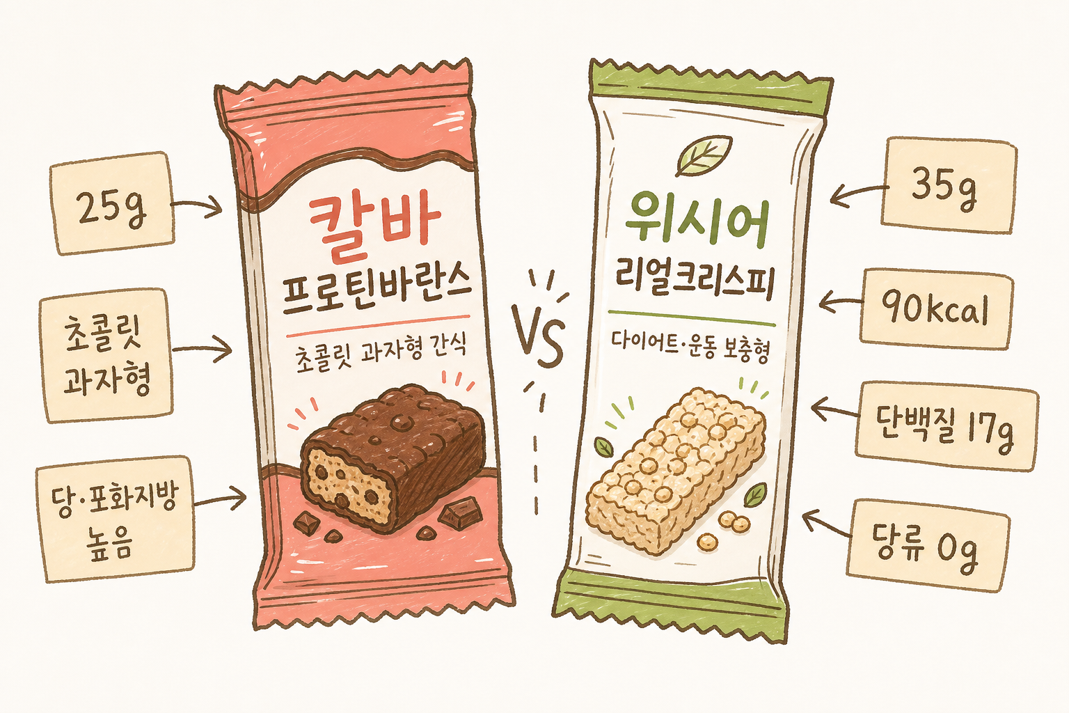 두 프로틴바 패키지 정면 일러스트. 왼쪽 칼바(과자형)에 화살표로 '25g, 초콜릿 과자형, 당·포화지방 높음' 라벨 붙임. 오른쪽 위시어(다이어트형)에 화살표로 '35g, 90k