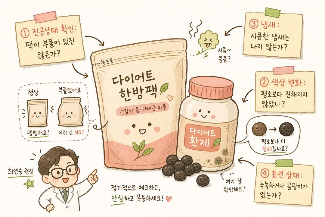 ダイエット漢方のパウチと丸剤の薬瓶を大きく描き、矢印とラベルで確認すべき4つのポイントを可視化。①パックの真空状態（膨らんでいないか）、②色の変化（黒い薬の色が濃くなっていないか）、