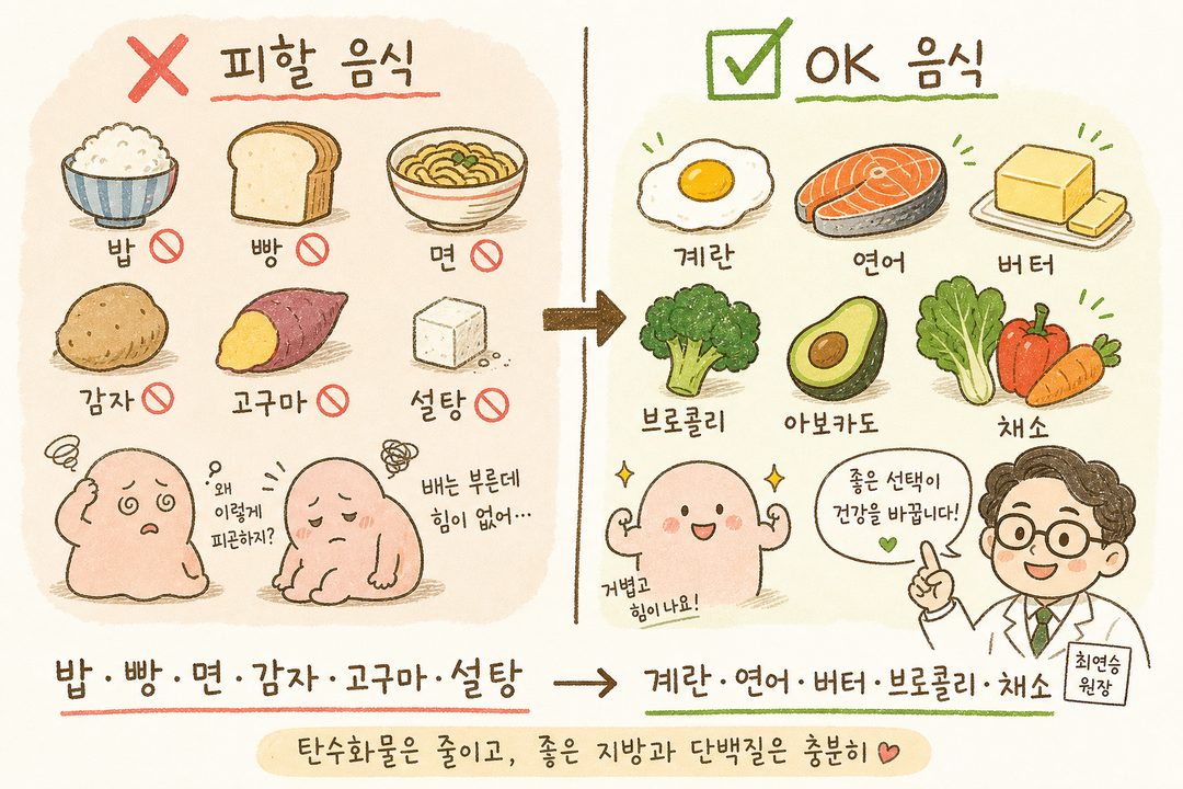 좌측과 우측 비교 레이아웃. 좌측 ❌ 섹션에는 어두운 배경으로 피할 음식들(밥, 빵, 면, 감자, 고구마, 설탕)을 약간 흐릿하게 또는 금지 기호와 함께 표시. 우측 ✅ 섹션에는