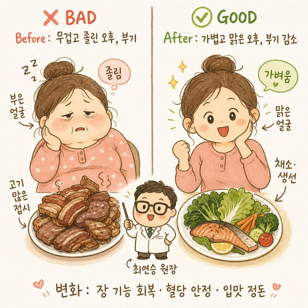 Before(❌)와 After(✅) 2분할 컷 — 좌측: 무거운 표정의 여성 캐릭터, 고기 많은 접시, 졸린 오후, 부기 있는 얼굴. 우측: 같은 여성이 활기찬 표정으로 변함, 채