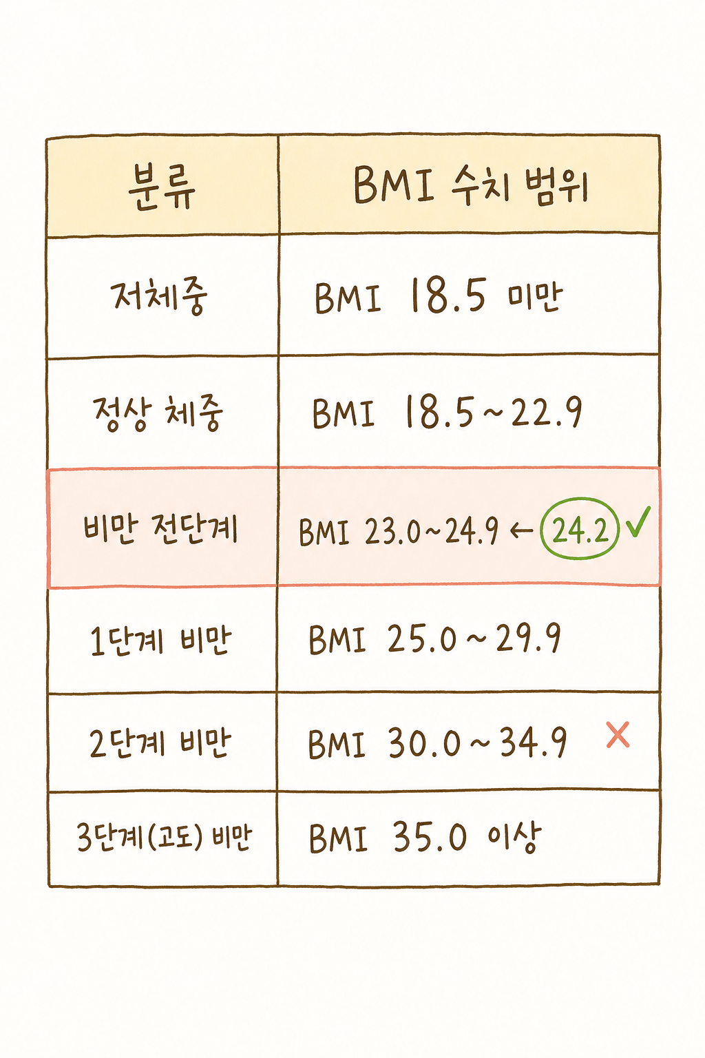 BMI 6단계 분류 체계를 비교표로 표현. 저체중부터 3단계 비만까지 각 범주를 행으로 나열하고, BMI 수치 범위와 분류명을 명확히 표기. 24.2 예시는 '비만 전단계(과체중)