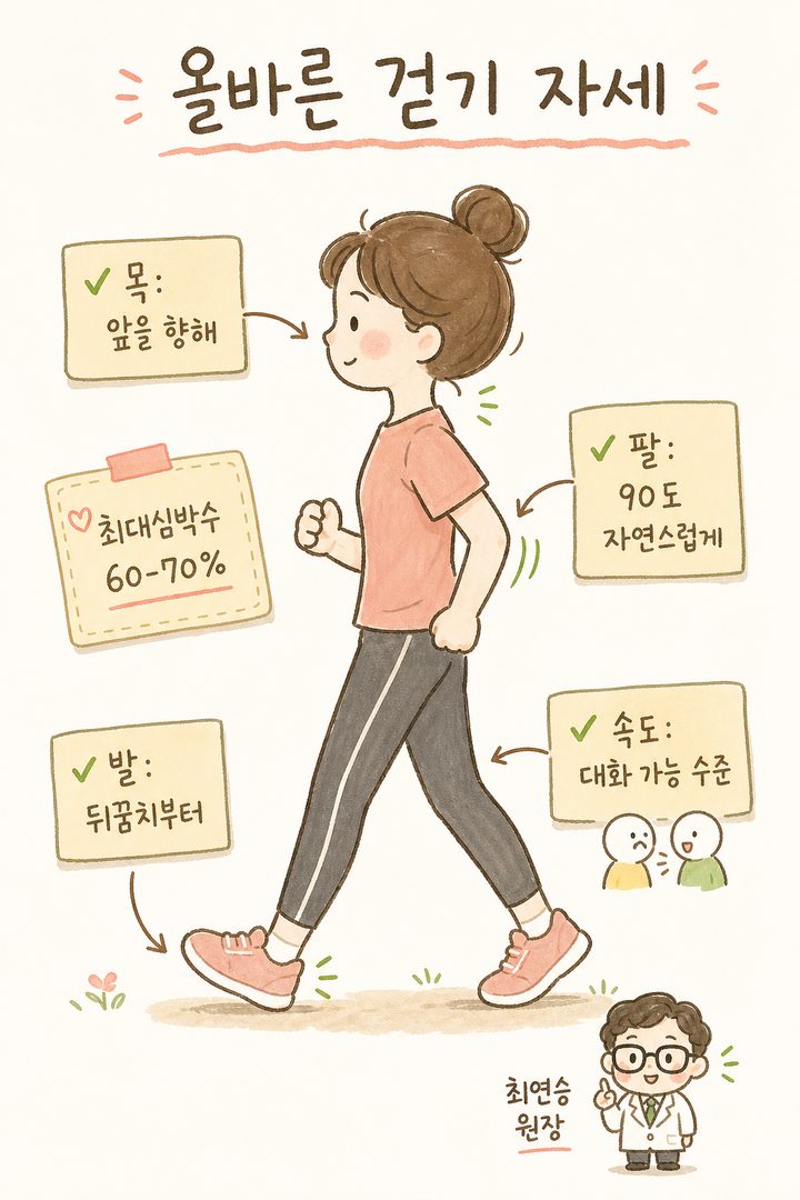 A labeled illustration of proper walking posture shown in a full-body side silhouette. It indicates comfortable sneakers, a straight back, natural arm movement (90 degrees), and a comfortable stride with arrows and text. 'Keep your neck facing forward.'