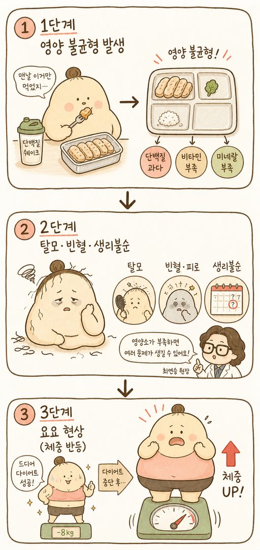垂直流程圖形式的 3 階段流程。第 1 階段（上方）：重複相同食物 → 營養不均圖示（不完整的餐盤）；第 2 階段（中央）：時間流逝 → 副作用發生圖示（掉髮、月經不調）。