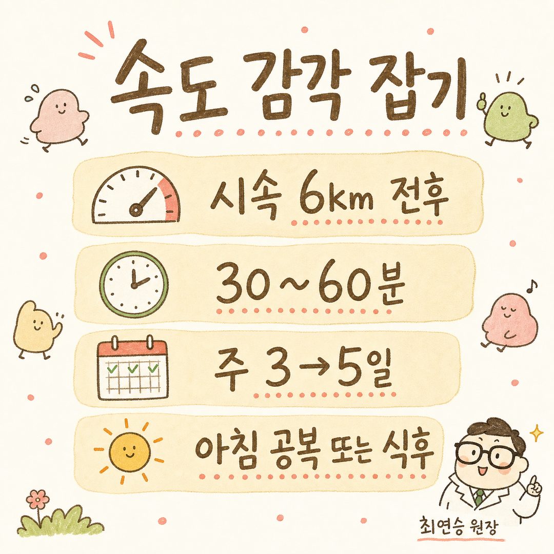 핵심 메시지를 큼지막한 텍스트로 강조하는 컷 — '말은 가능하지만 노래는 힘든 정도'를 중앙에 배치하고, 배경에 미묘한 걷기 모션 라인이나 리듬 요소로 강조. 아래에 작은 설명 텍