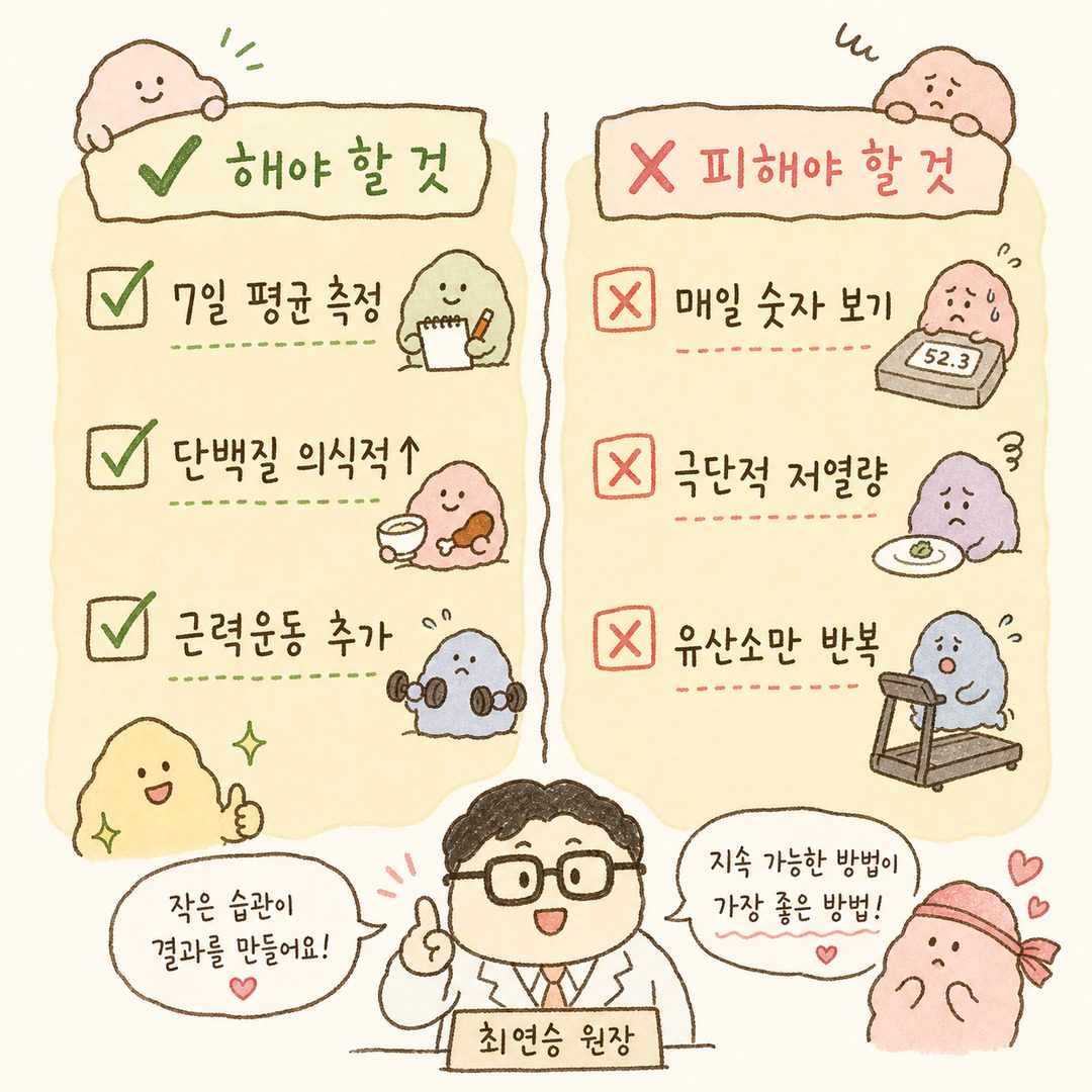 정체기를 극복하기 위한 핵심 실천 항목을 체크리스트 형식으로 표현. ✅해야 할 것과 ✗피해야 할 것을 명확히 구분하는 두 컬럼 구조. 7일 평균, 단백질 섭취, 근력운동, 체지방률