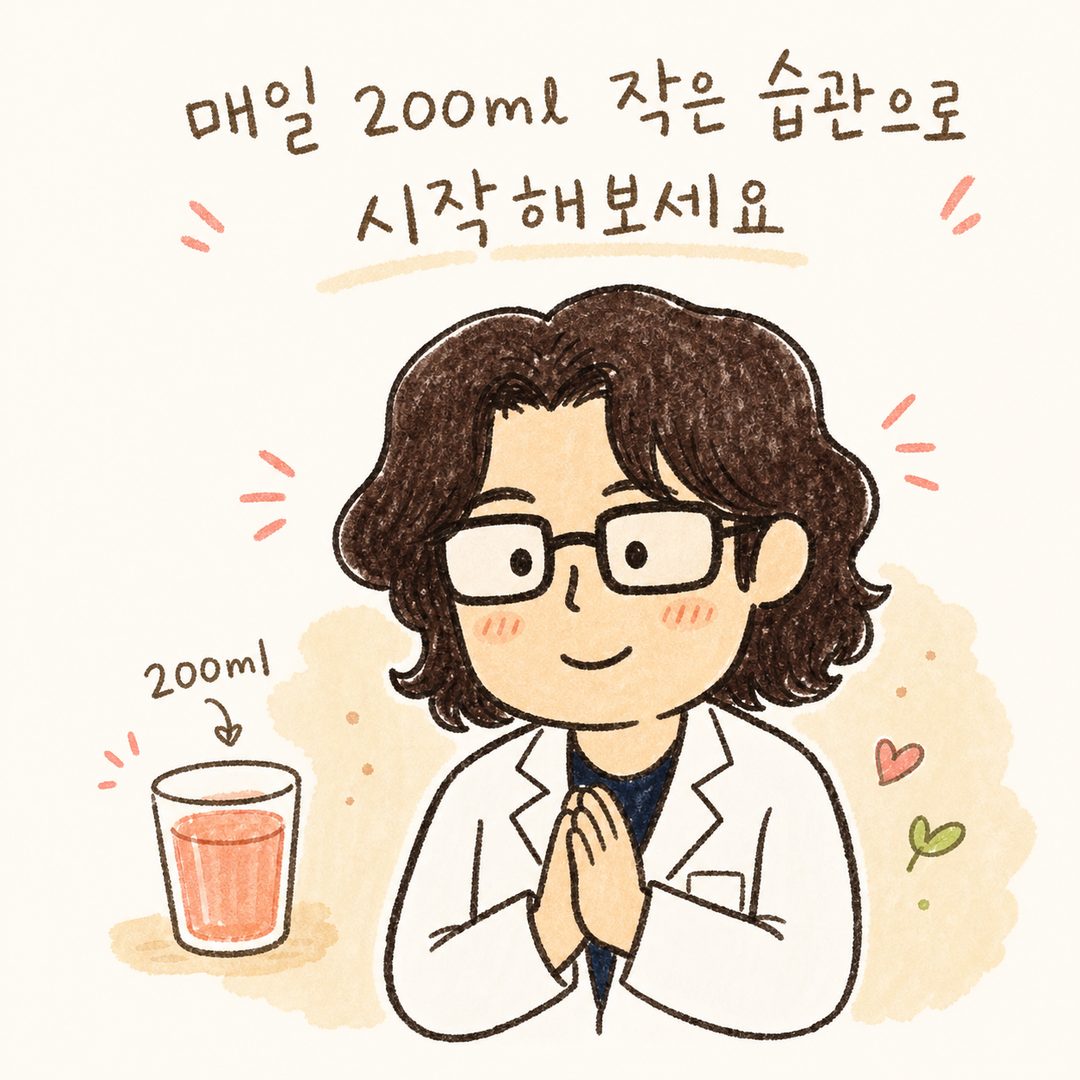 한의사가 따뜻한 표정으로 손을 모아 권장, 배경에 작은 200ml 주스 잔, 일상 습관 강조 메시지 전달
