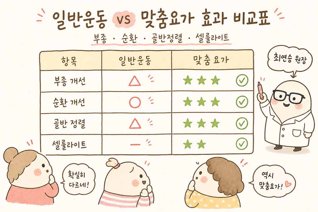 일반운동 vs 하체비만요가 맞춤 흐름 효과 비교표, 부종개선·순환·골반정렬·셀룰라이트 항목별 개선도 막대 또는 별점으로 시각화