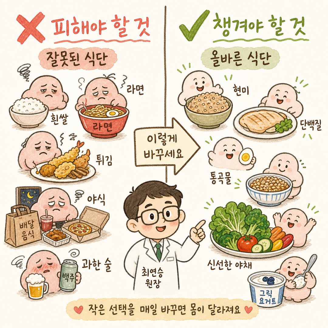 좌측 절반은 ❌ 표시와 함께 '잘못된 식단' (라면 그릇, 흰쌀밥, 기름진 튀김, 야식 배달음식, 맥주), 우측 절반은 ✅ 표시와 함께 '올바른 식단' (현미밥, 닭가슴살, 계란,