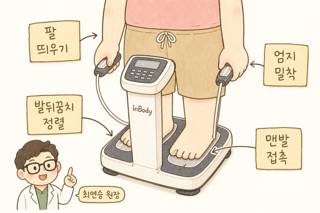 인바디 기계에 선 사람의 발과 손 부분을 클로즈업한 일러스트 - 발뒤꿈치 위치에 '발뒤꿈치 정렬', 전극 중앙에 '맨발 접촉', 손가락 영역에 '엄지손가락 밀착', 팔과 몸통 사이