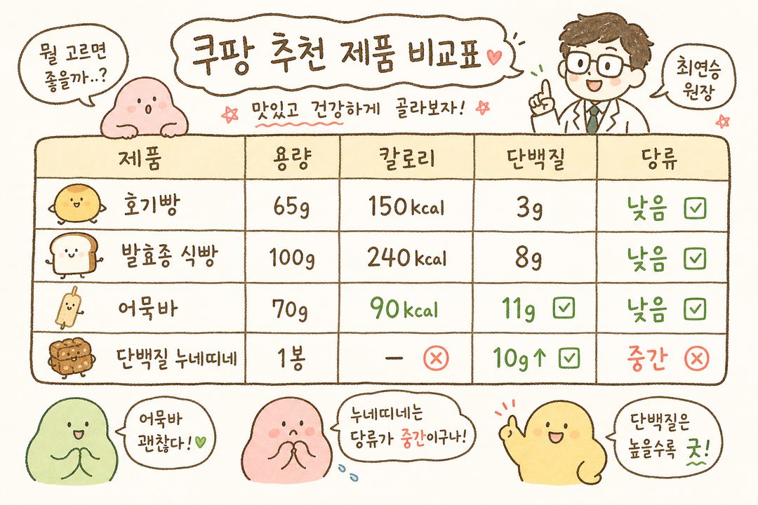Comparison chart of Coupang recommended products (Hogi Bread, Sourdough Bread, Fish Cake Bars, Nune Ttine) showing calories, protein, and sugar content