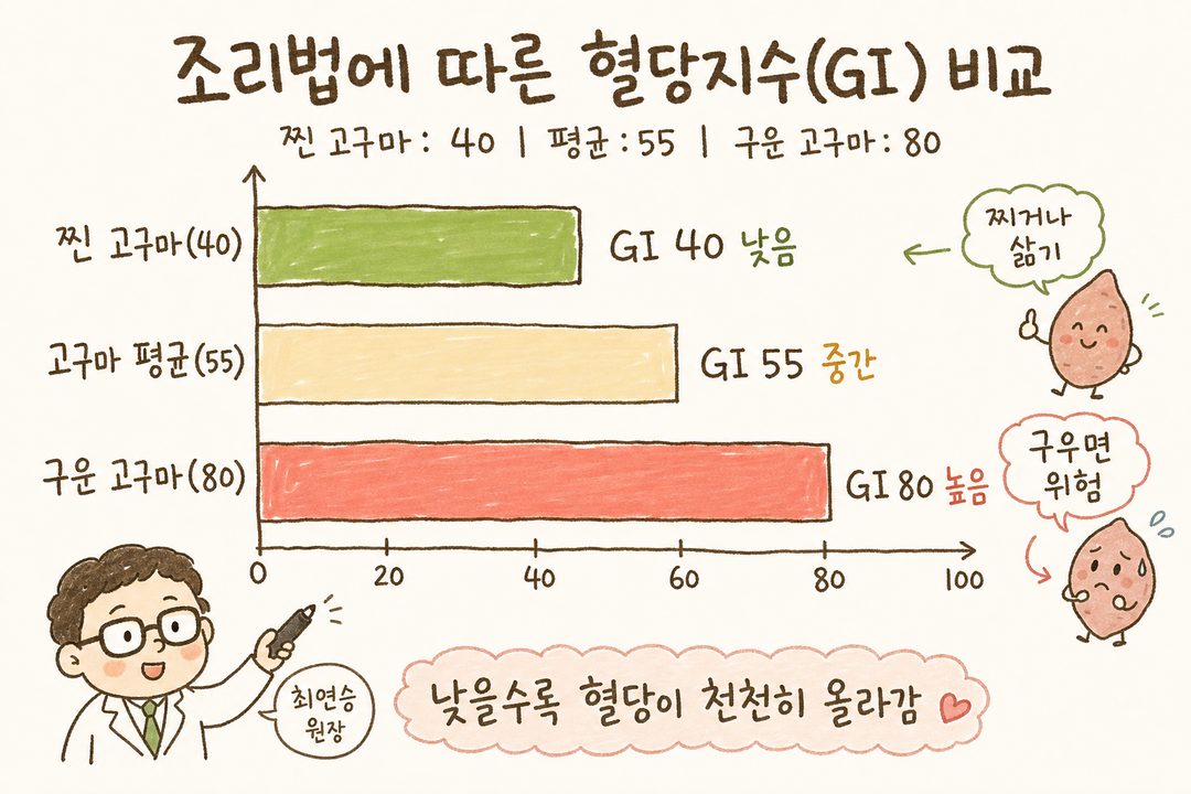 세 가지 고구마 조리법의 혈당지수(GI)를 비교하는 수평 막대 그래프. X축 0~100, Y축에 '찐 고구마(40)', '고구마 평균(55)', '구운 고구마(80)' 표시. 각 