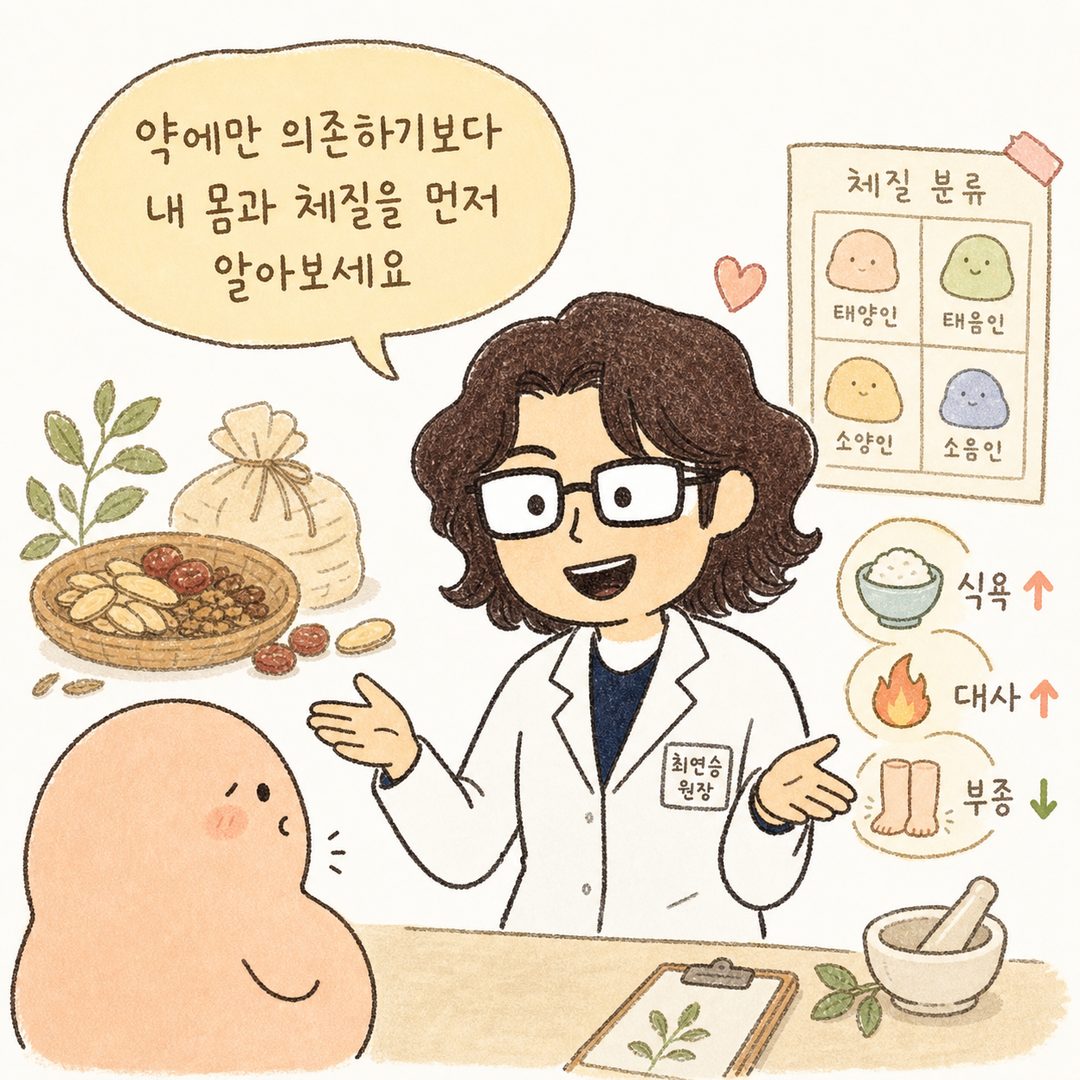 백록담 한의원의 따뜻한 표정의 여성 의료진 캐릭터가 환자 앞에 서있는 장면. 배경에는 한약재, 체질 분류 차트, 식욕·대사·부종 관련 오브젝트들이 은은하게 표현됨. 의료진이 손을 