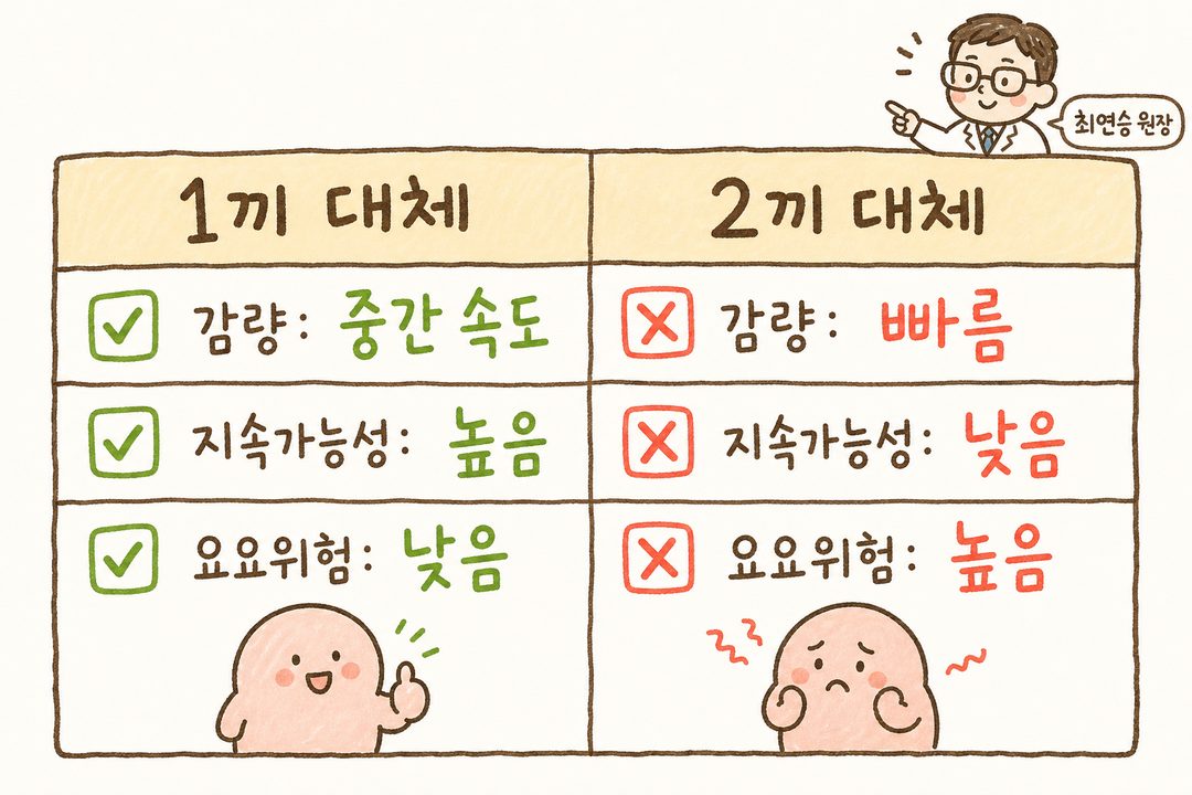 2열 비교표. 좌열: '1끼 대체(초기감량 중간, 지속성 높음, 요요위험 낮음)', 우열: '2끼 대체(초기감량 빠름, 지속성 낮음, 요요위험 높음)'. 시각적으로 명확한 장단점 