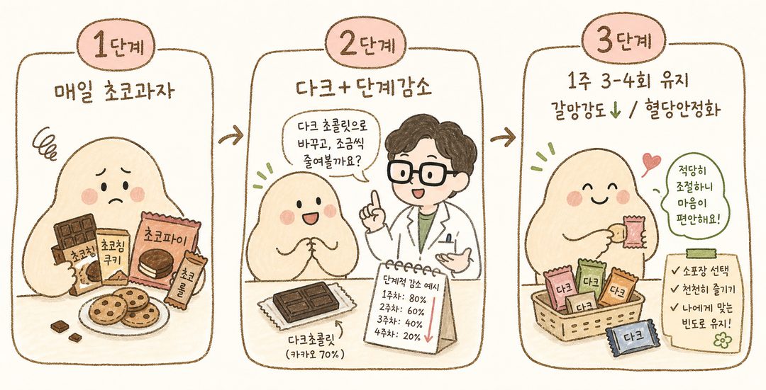 가운데 큰 볼드체 글씨로 강조된 핵심 문구 '양과 종류, 빈도를 다듬는 쪽이 훨씬 오래 가요'가 전면에 배치되고, 배경에는 흐릿한 다크초콜릿, 견과류, 초코 이미지가 부드럽게 처리