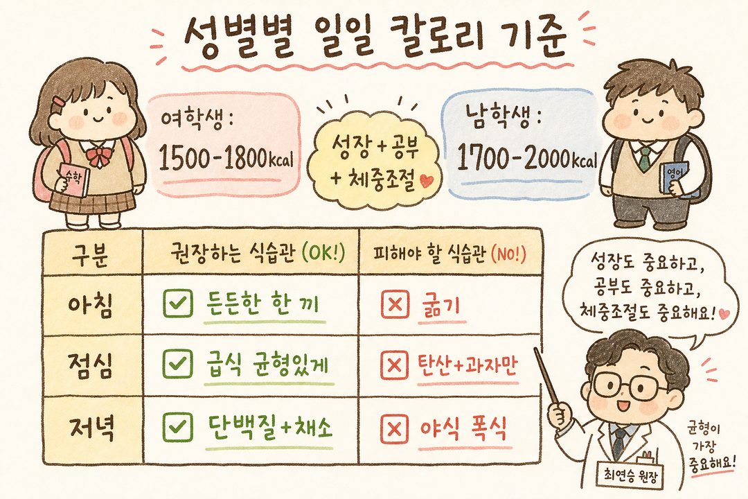 Comparison chart of daily calorie standards by gender — Female (1500-1800kcal) vs Male (1700-2000kcal), with sample meal plans (Breakfast/Lunch/Dinner)