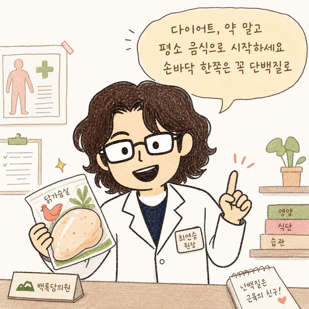 A medical professional (Director) in a clinic setting, confidently recommending chicken breast. With a warm and trustworthy expression, they explain the importance of protein, leading into the introduction of the post.