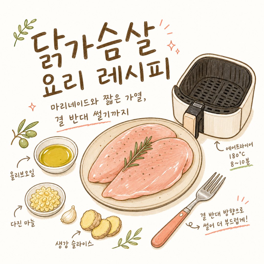 닭가슴살 요리 레시피 — 마리네이드와 짧은 가열, 결 반대 썰기까지