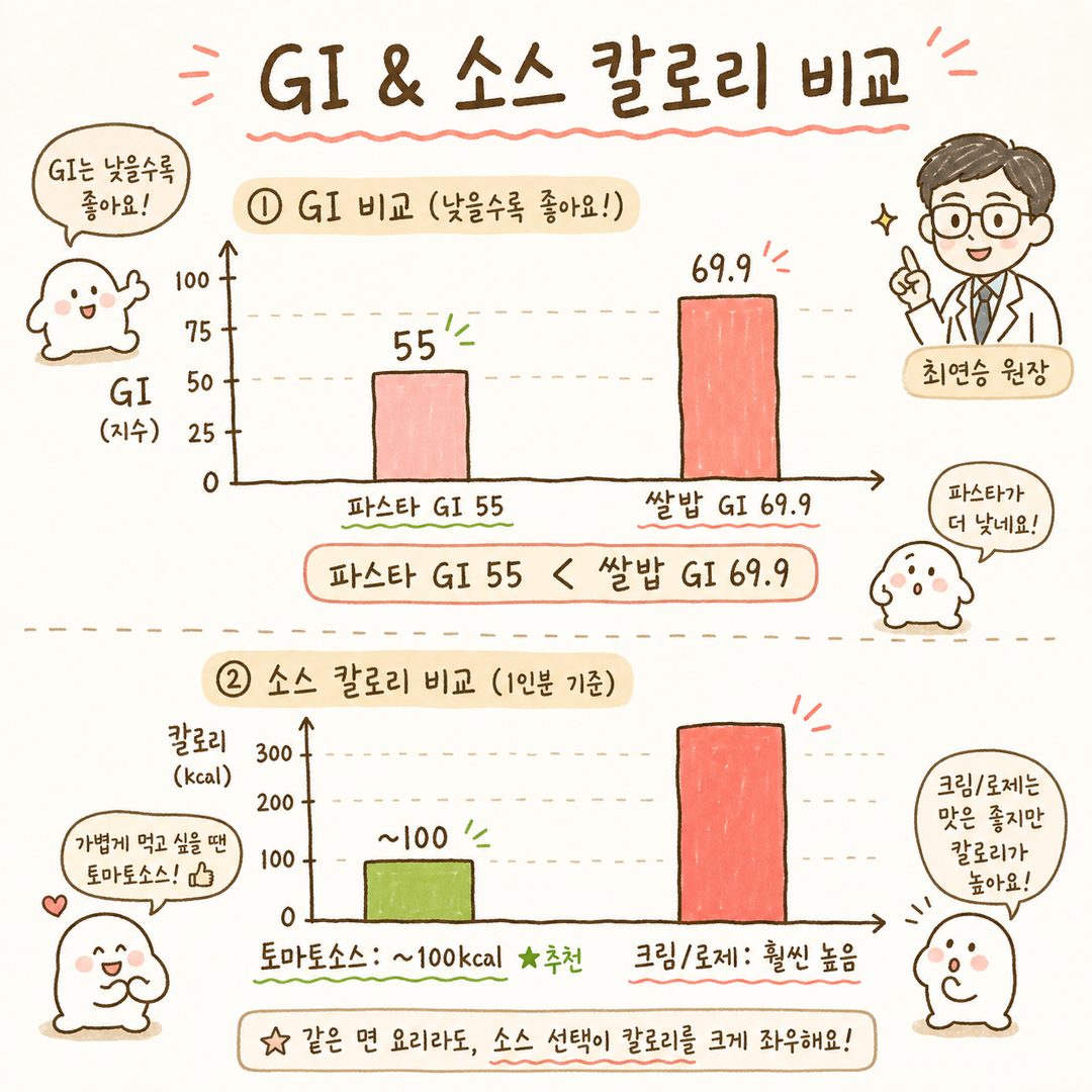 两部分图表:(上方)GI对比图 - 意面 55 vs 白米饭 69.9 的柱状图。(下方)不同酱料的热量对比 - 番茄酱 100kcal(绿色,低),奶油/粉红酱热量高