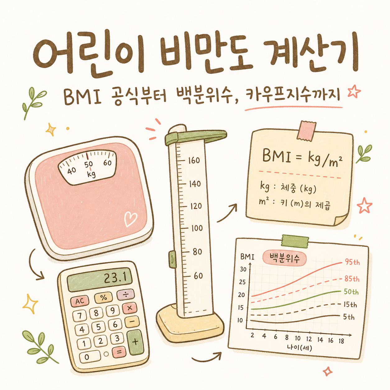 어린이 비만도 계산기 — BMI 공식부터 백분위수, 카우프지수까지