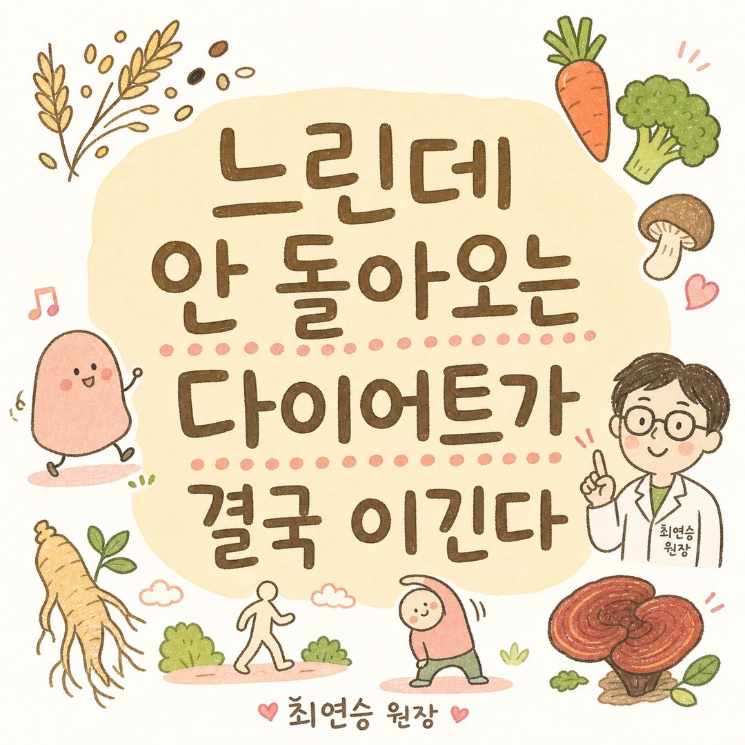 A cut with a core quote in large font in the center. Background is light beige/cream. Surrounded by icons of whole grains, vegetables (carrot, broccoli, mushroom), exercise (walking, stretching), and herbal ingredients (ginseng, dried reishi).