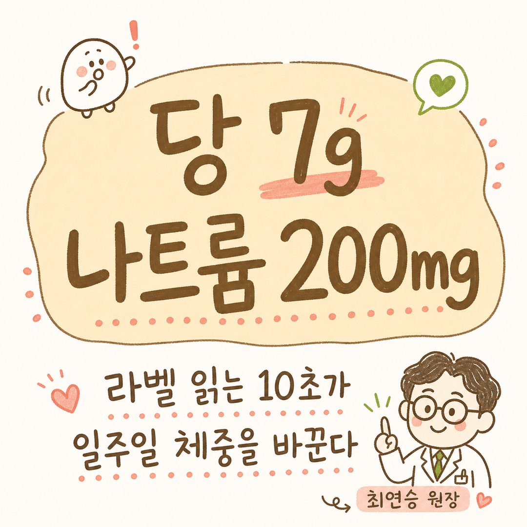 強調標籤閱讀核心數字的大字圖。中央粗體顯示「糖 7g,鈉 200mg」,下方小字標註「閱讀標籤一行的 7~10 秒將改變一週體重」