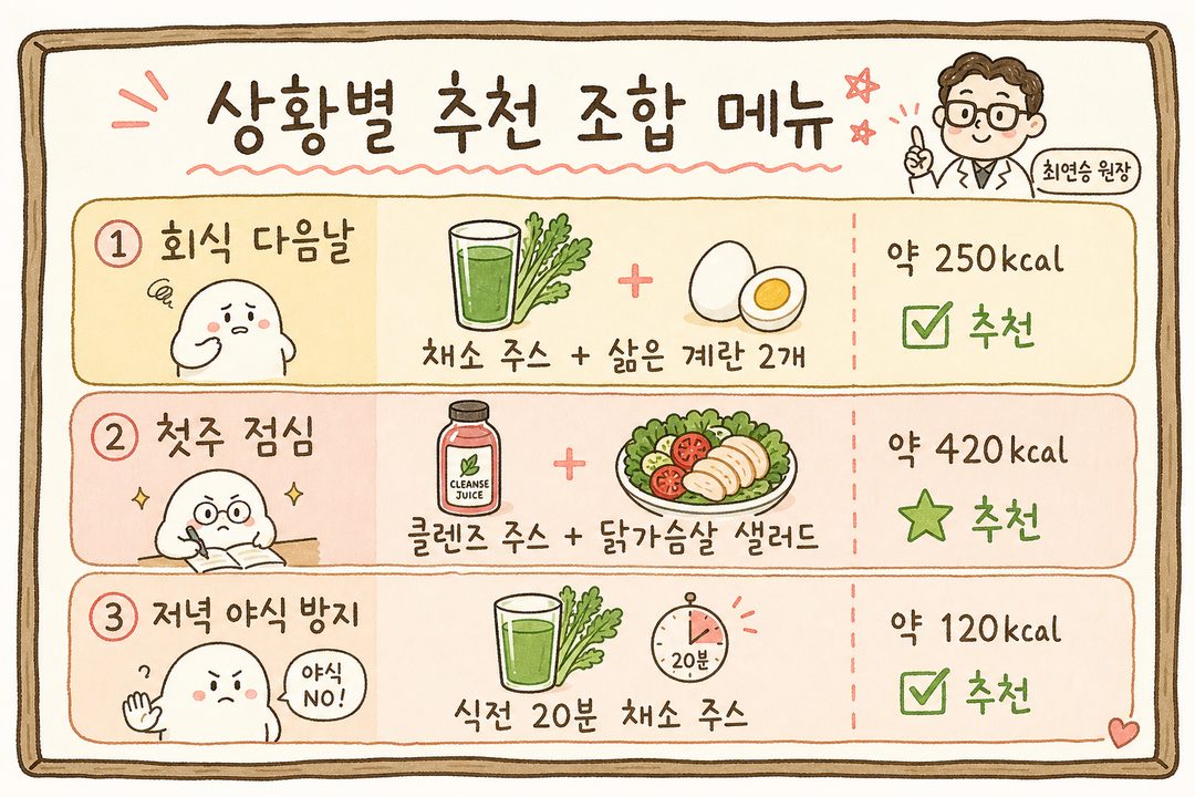 메뉴판 스타일 3개 박스 배치. 각 박스에 상황(회식 다음날/다이어트 첫주/저녁 야식)을 제목으로, 아이콘과 추천 조합을 표시. 배경색을 각각 다르게(따뜻한 톤) 구분