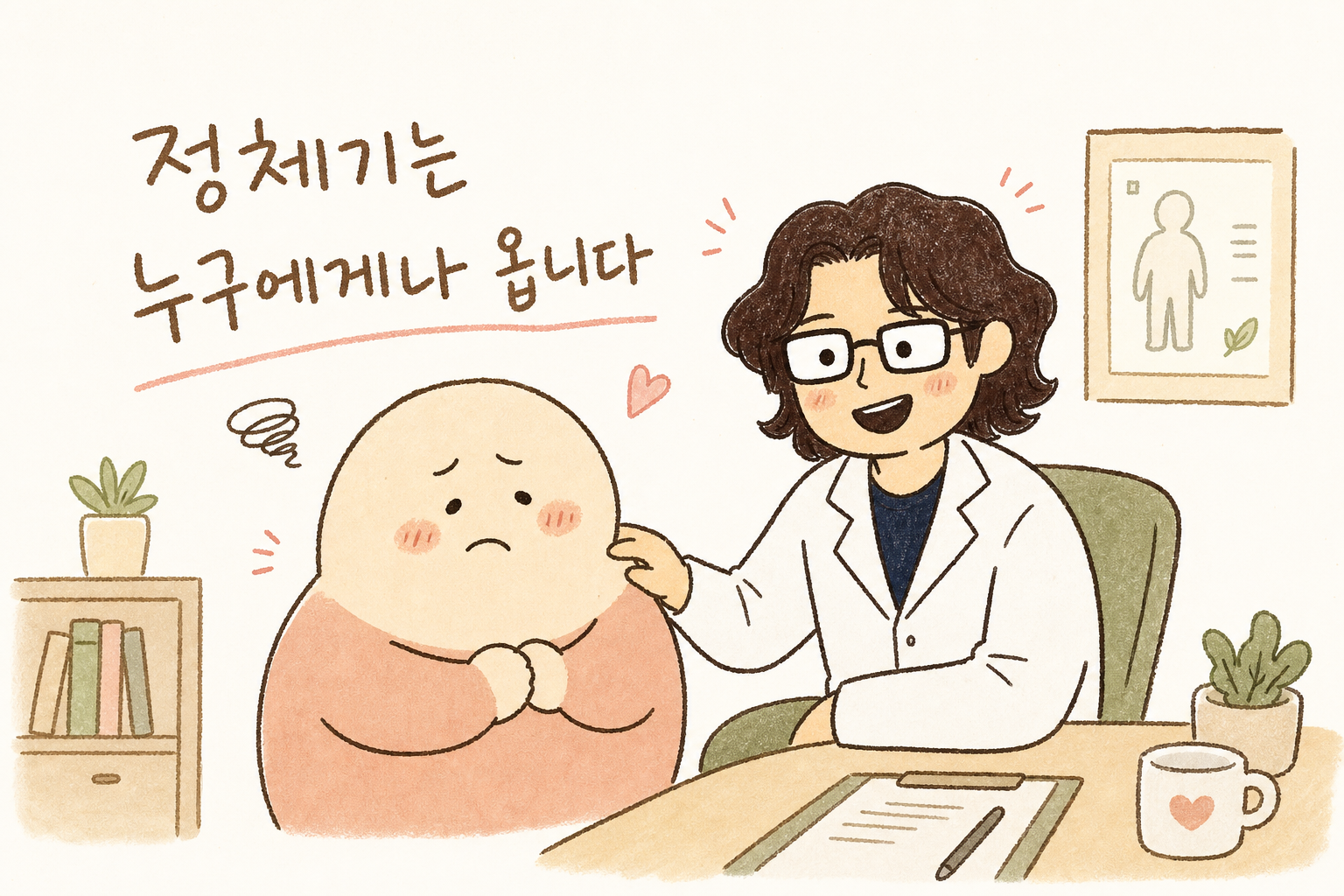 진료실 배경에서 의료인이 환자의 어깨에 손을 얹고 따뜻한 미소로 공감하는 표정, '정체기는 누구에게나 온다'는 메시지