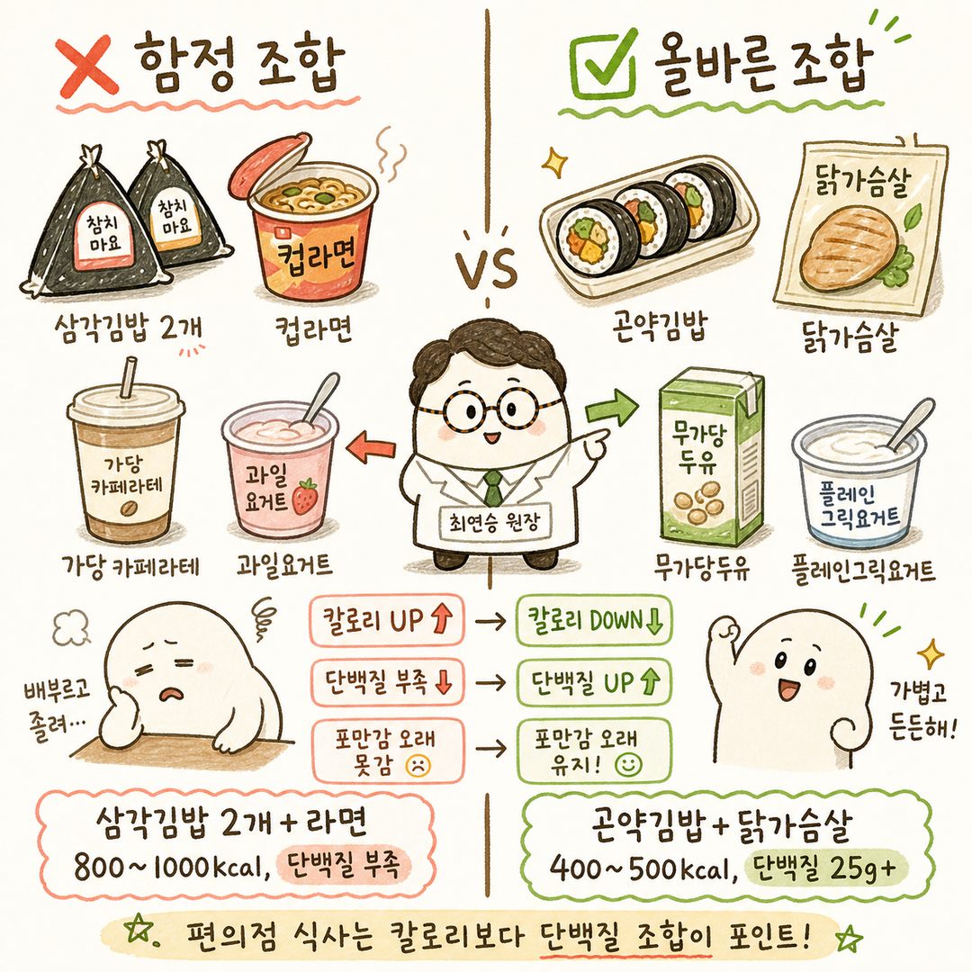 좌측(❌) vs 우측(✅) 2열 비교 레이아웃: 좌측은 함정 조합(삼각김밥 2개+컵라면+가당카페라테+과일요거트)을 흐릿하거나 어두운 톤으로, 우측은 올바른 조합(곤약김밥+닭가슴살+