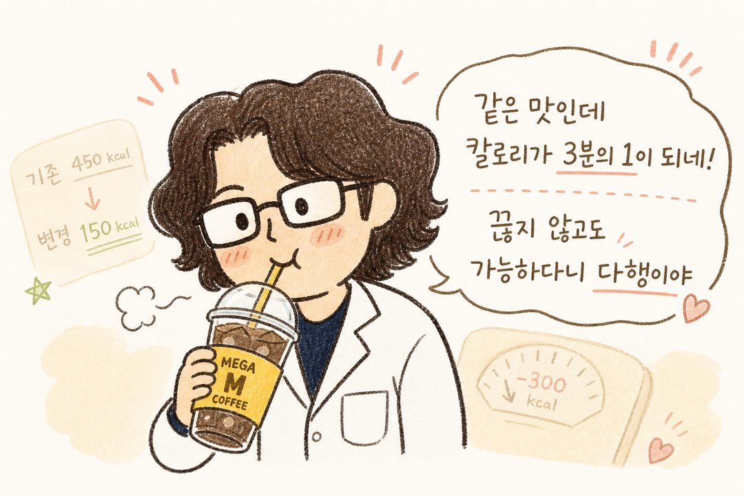 여성 환자 또는 직장인 캐릭터가 메가커피 음료를 마시며 만족스럽고 안도하는 표정을 짓는 모습. 말풍선과 함께 긍정적 반응을 표현. 배경에 옅게 칼로리 수치나 체중계 이미지 배치 가