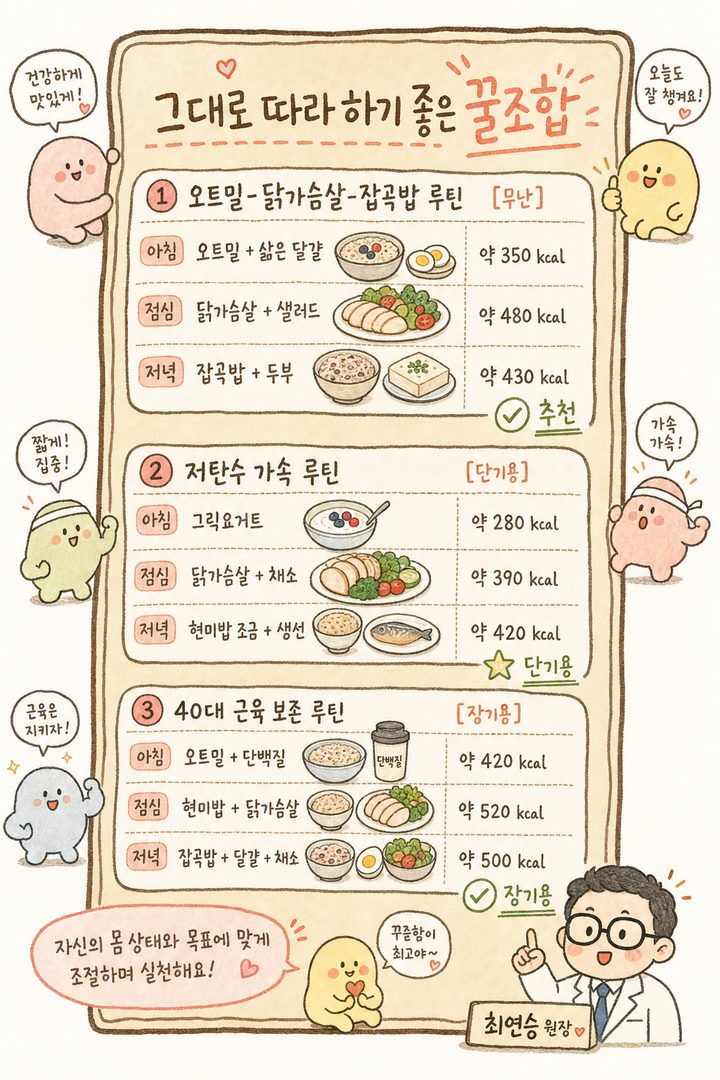 以咖啡廳菜單風格排列3種飲食組合卡片 — 各組合區分早/午/晚餐菜單,簡單食物插畫(燕麥、雞胸肉、玄米飯等),各卡片右側標註特徵
